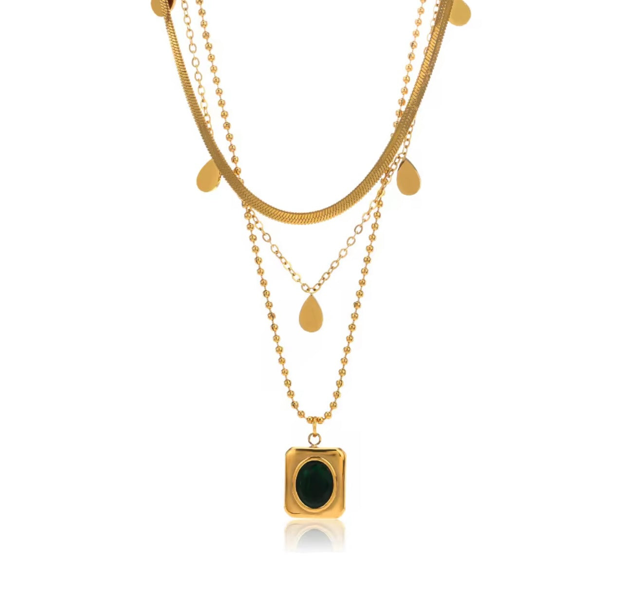 Triple Layered Gold Chain Necklace With Green Gem Stone Pendant