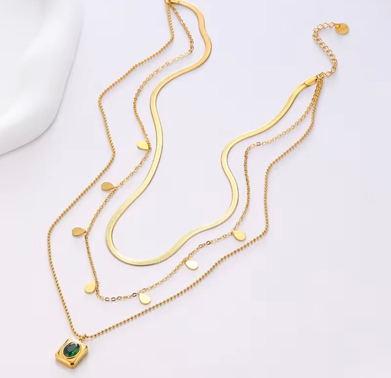 Triple Layered Gold Chain Necklace With Green Gem Stone Pendant