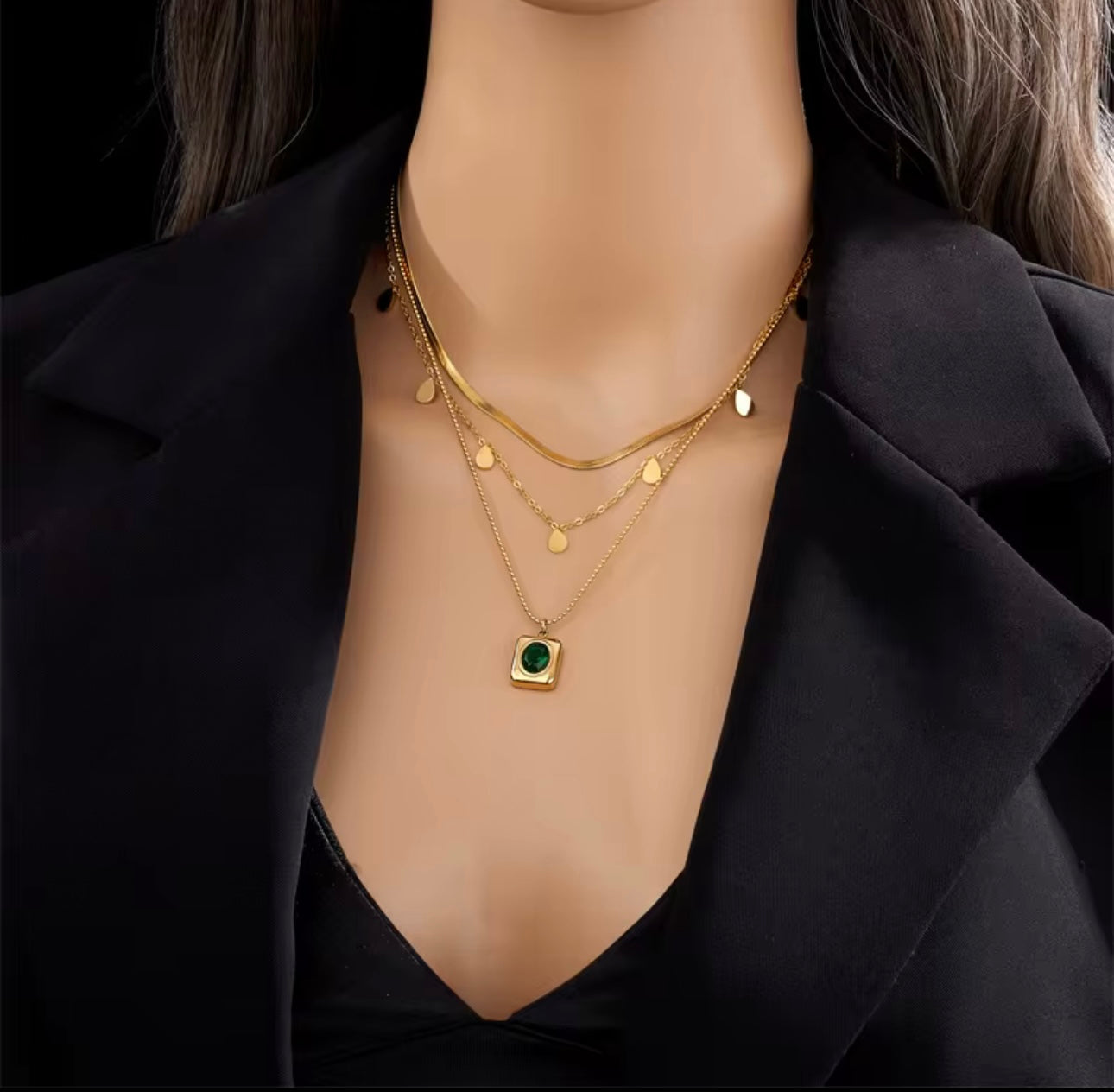 Triple Layered Gold Chain Necklace With Green Gem Stone Pendant