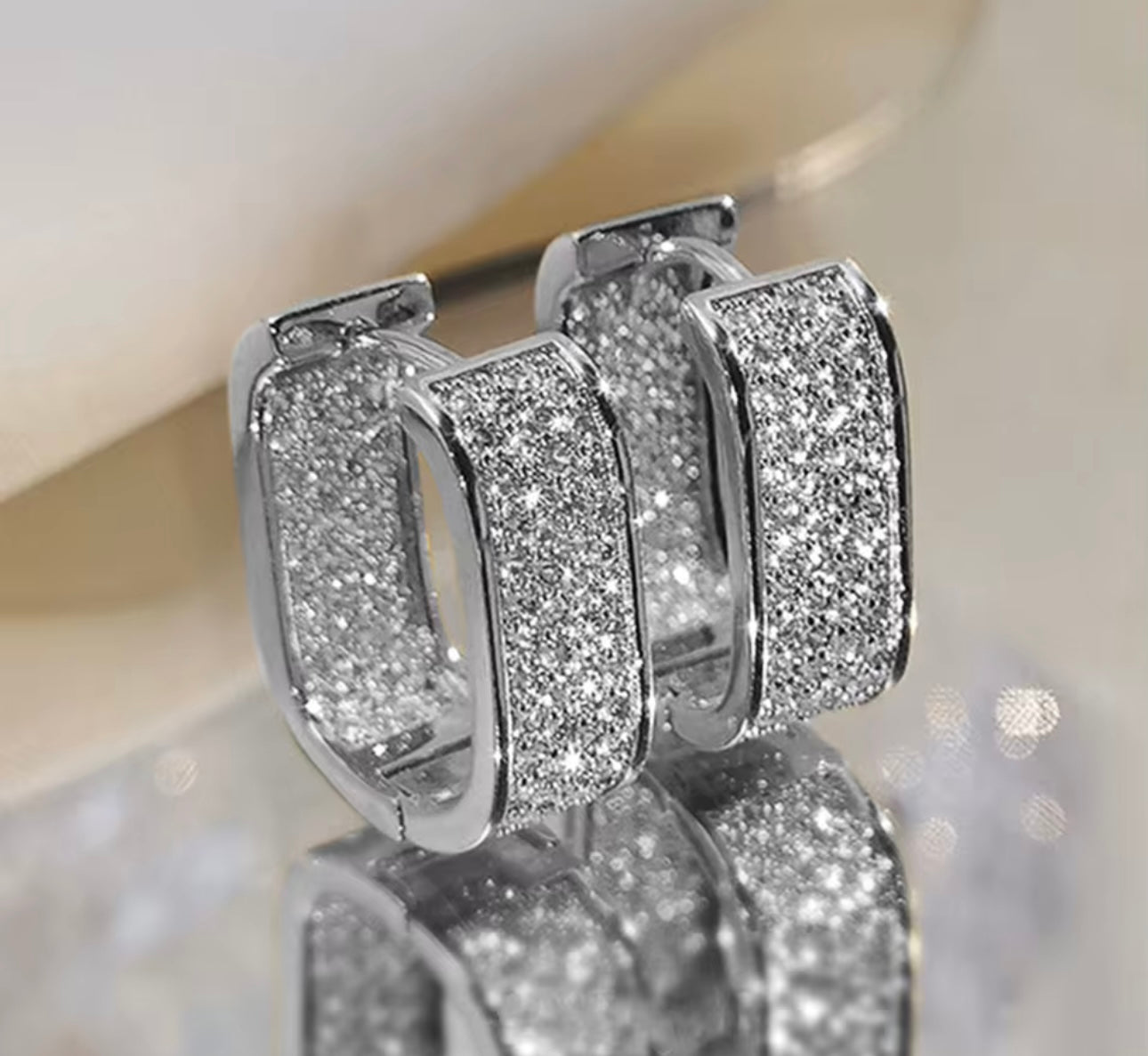 Rectangular Crystal CZ Pave Hinged Hoop Silver Earrings