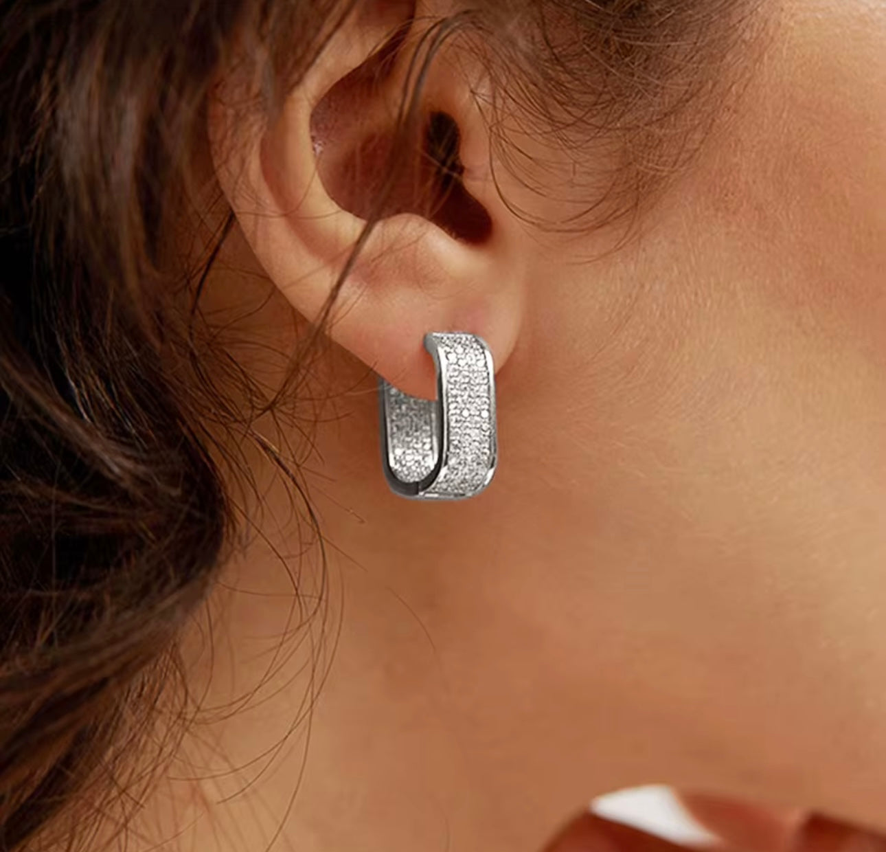 Rectangular Crystal CZ Pave Hinged Hoop Silver Earrings