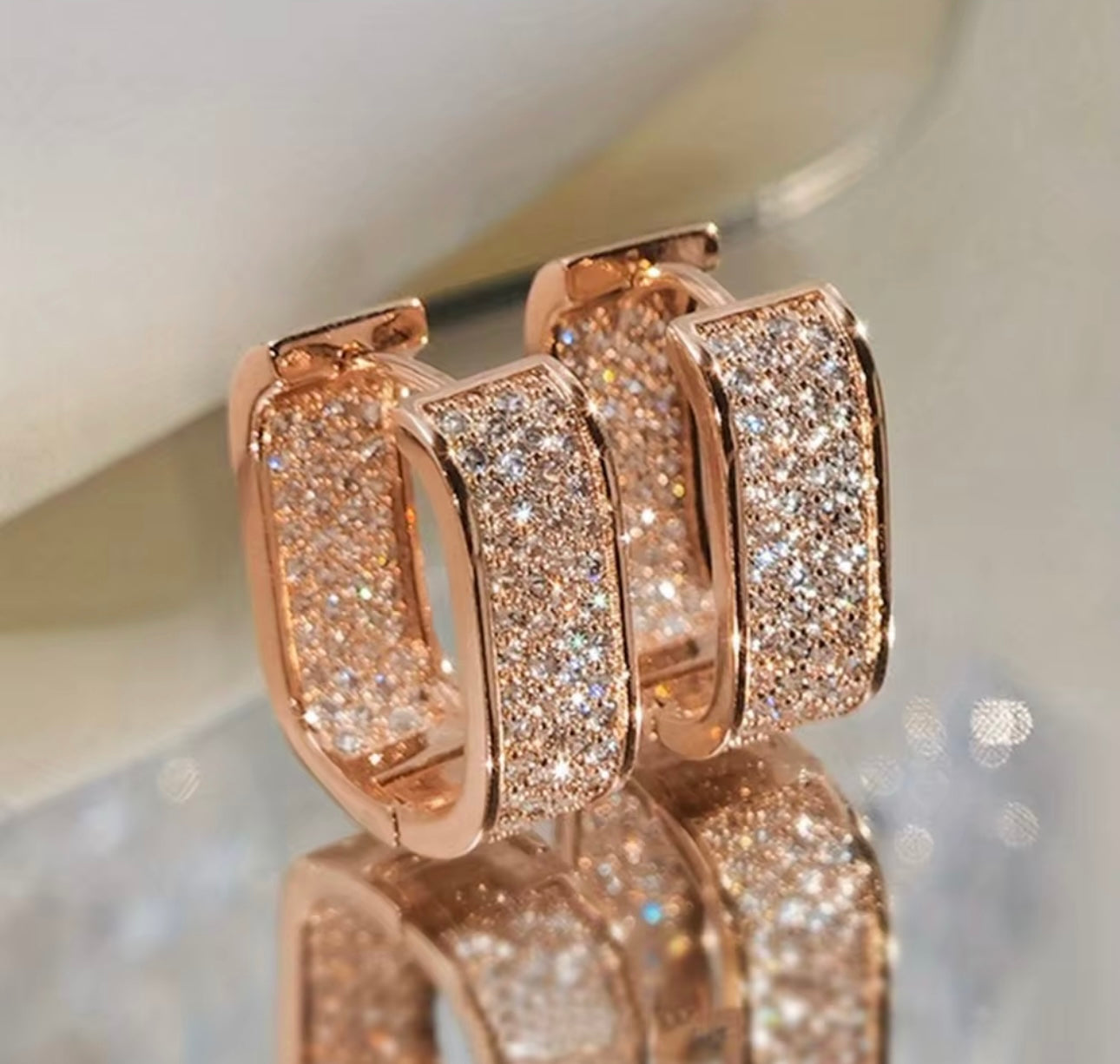 Rectangular Crystal Rose-Gold CZ Pave Hinged Hoop Earrings