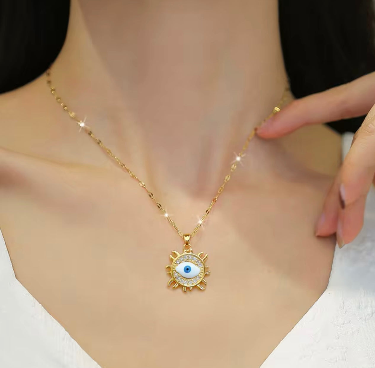 Celestial Sun Blue Evil Eye Pendant Necklace