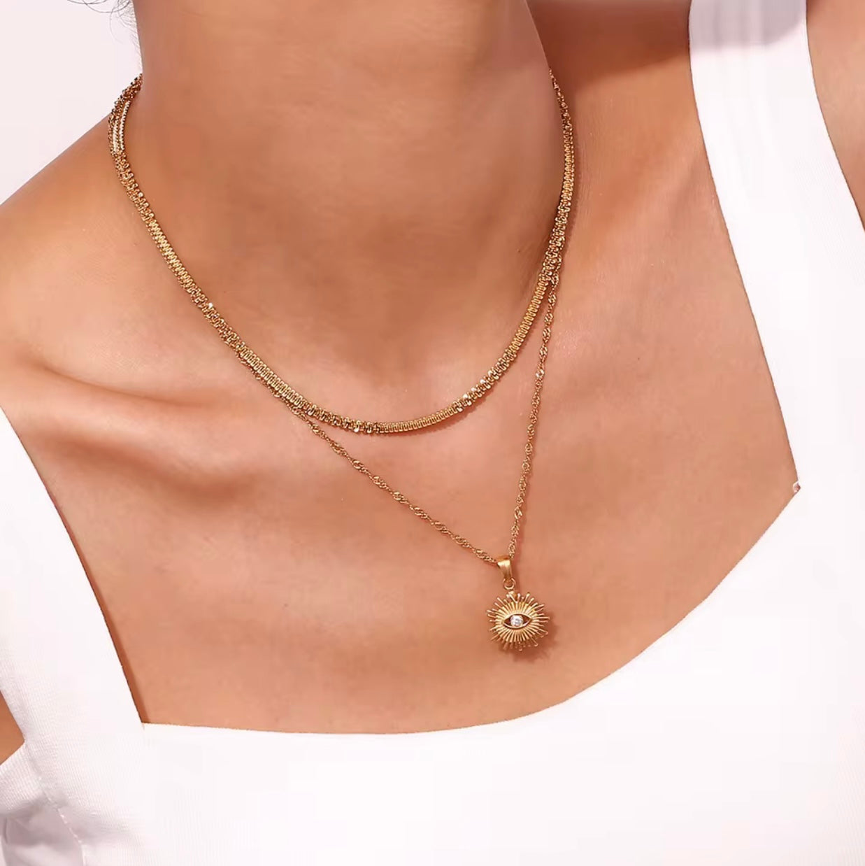 Sunburst Evil Eye Dainty Pendant Necklace