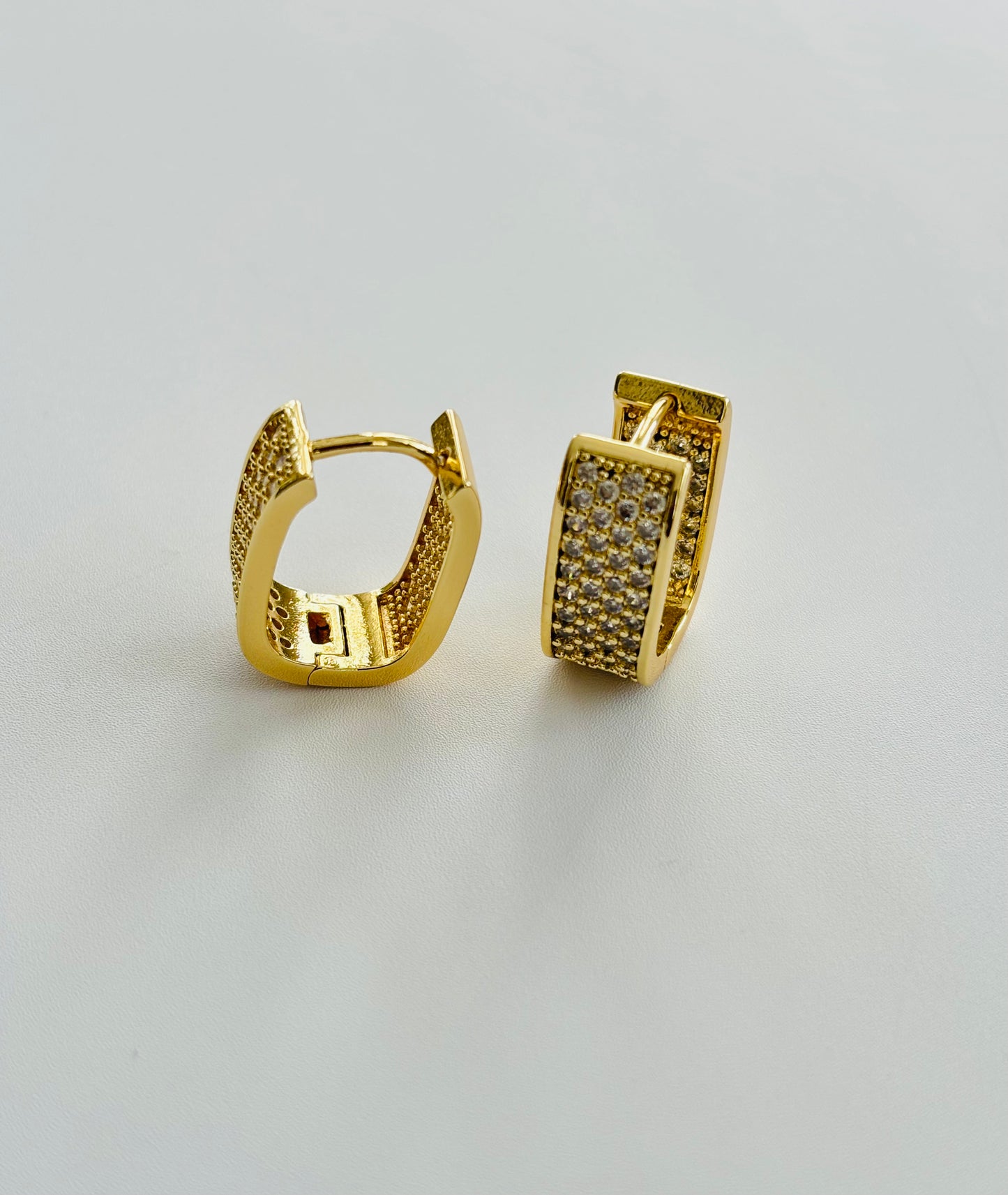 Rectangular Crystal Gold CZ Pave Hinged Hoop Earrings