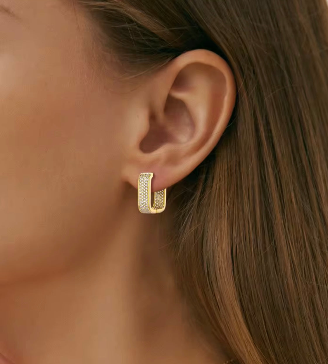 Rectangular Crystal Gold CZ Pave Hinged Hoop Earrings