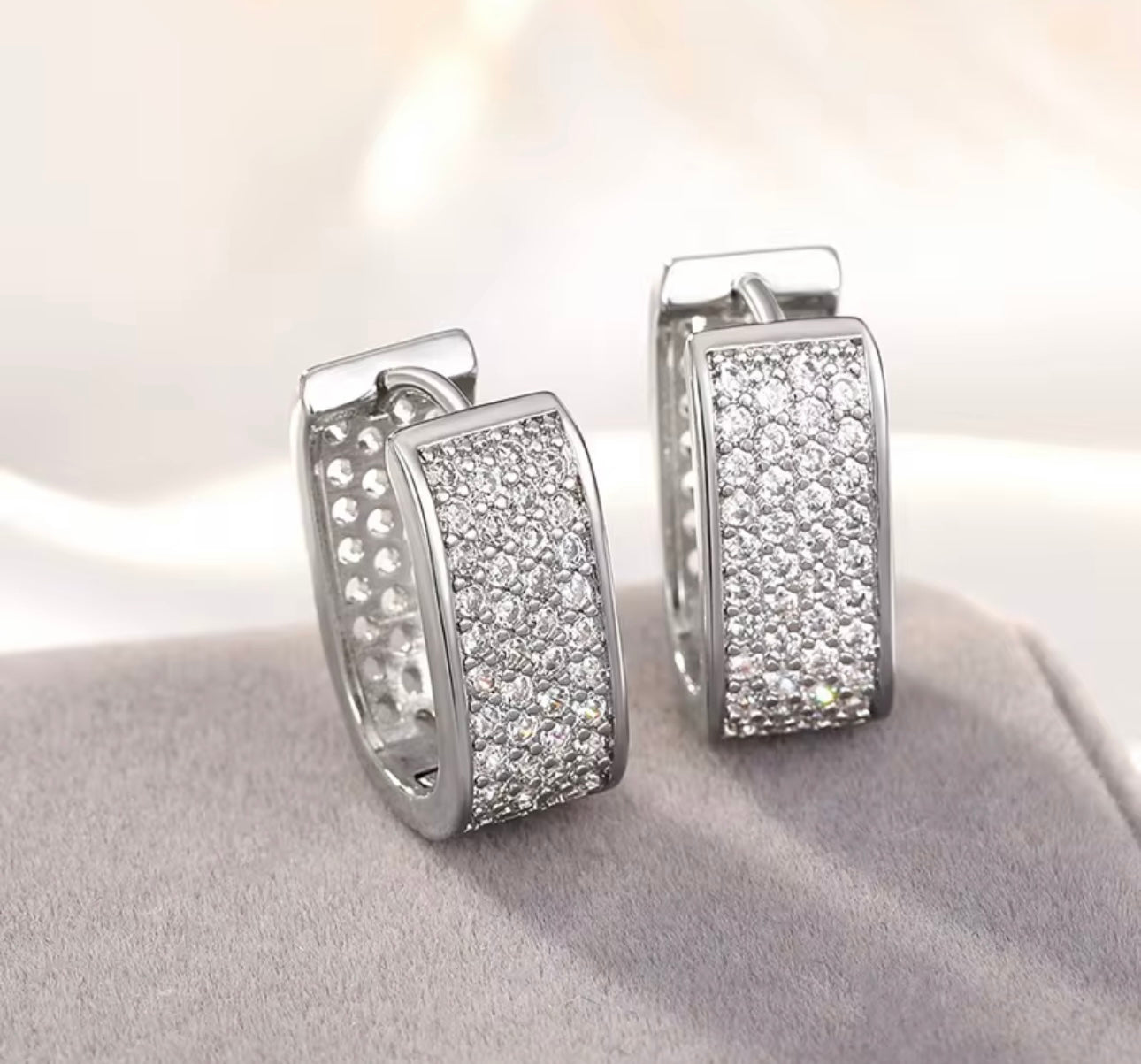 Rectangular Crystal CZ Pave Hinged Hoop Silver Earrings