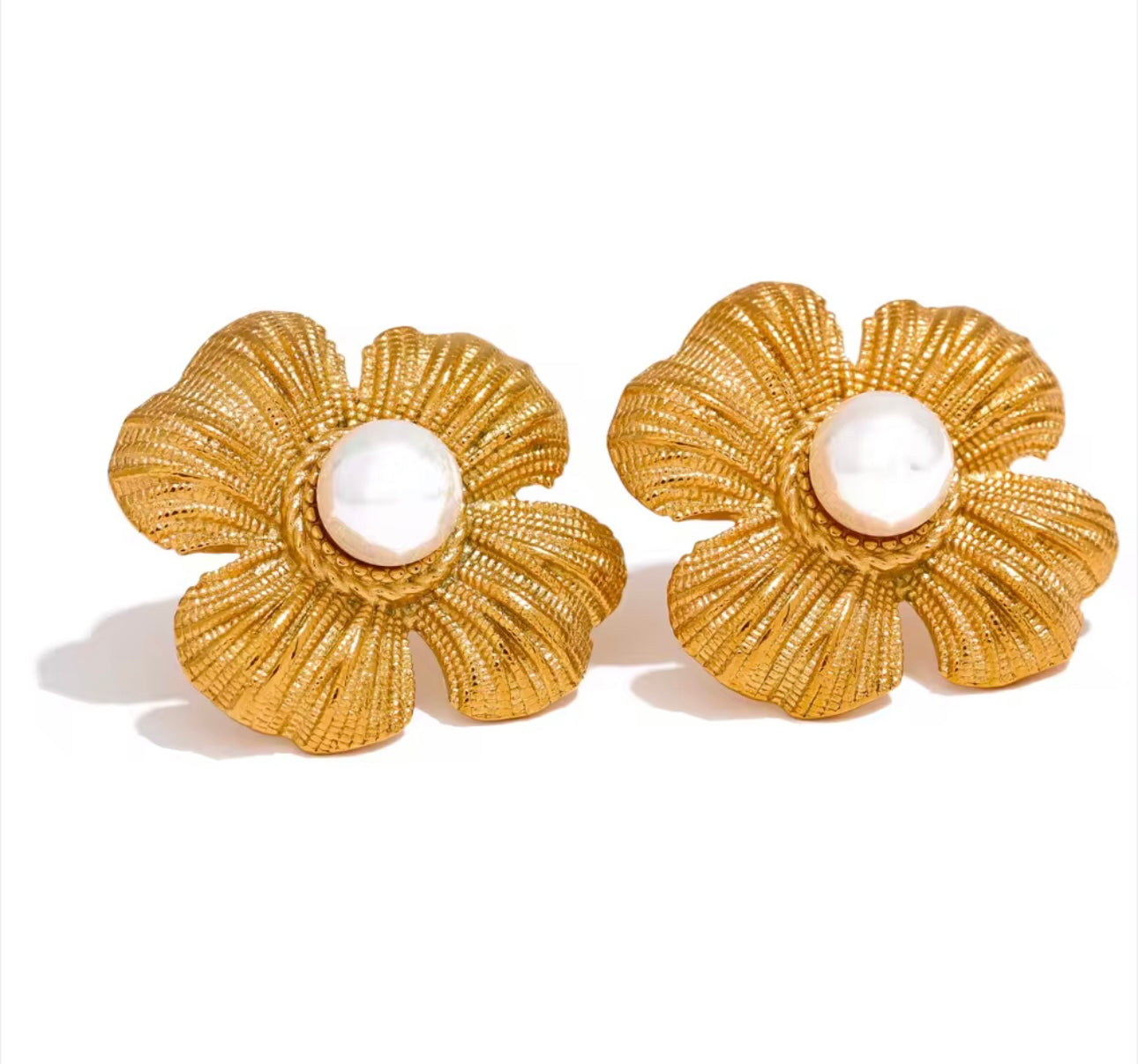 Flower Statement Drop Earrings - Gold Tone and Pearl