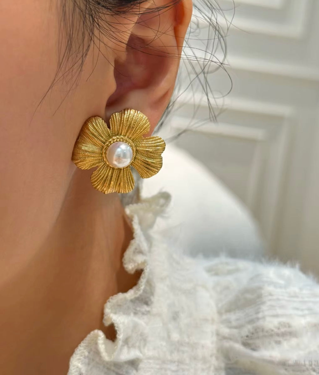 Flower Statement Drop Earrings - Gold Tone and Pearl