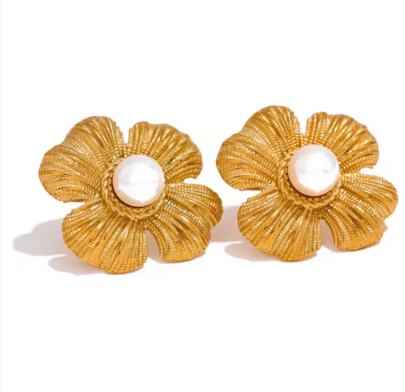 Flower Statement Drop Earrings - Gold Tone and Pearl