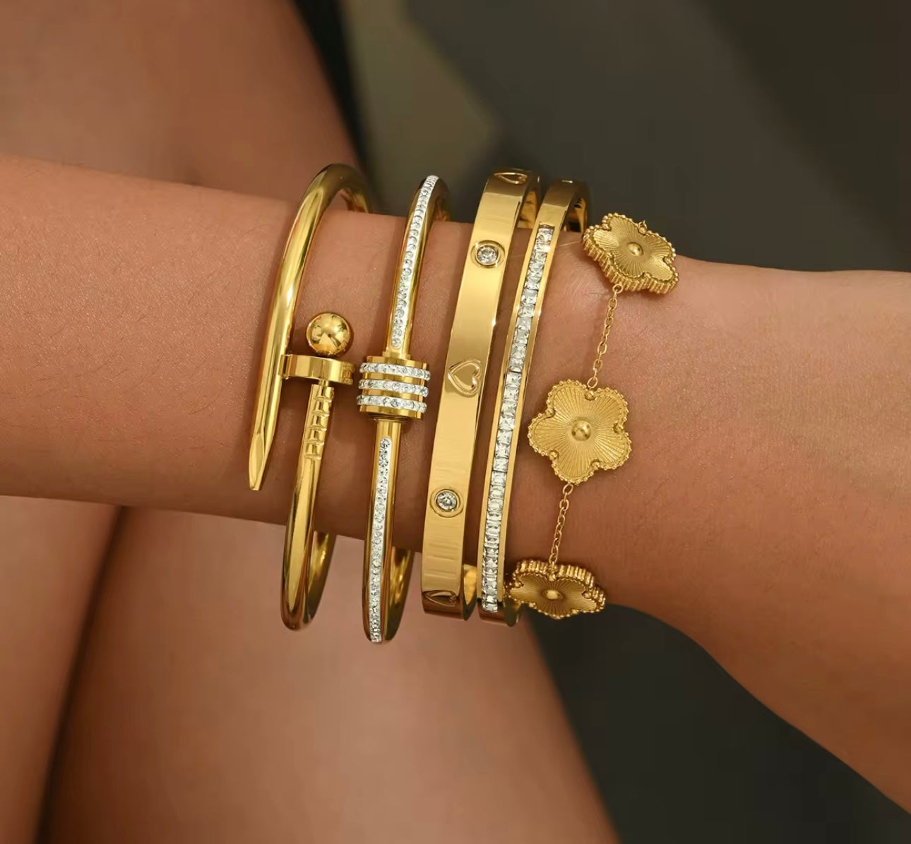 Luxury Statement Triple Row Bangle - Gold Filled