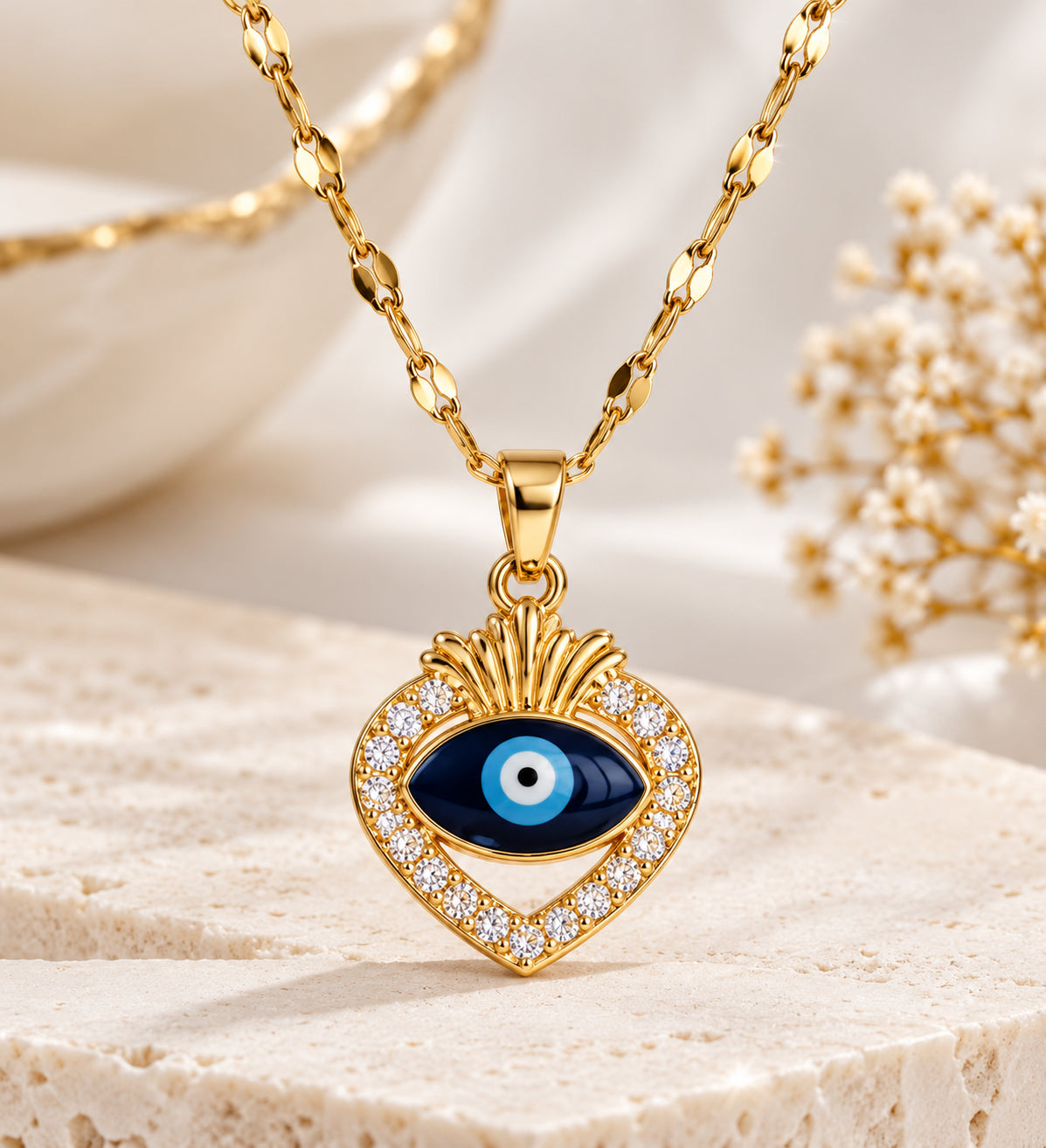 Gold Heart Evil Eye Pendant Necklace
