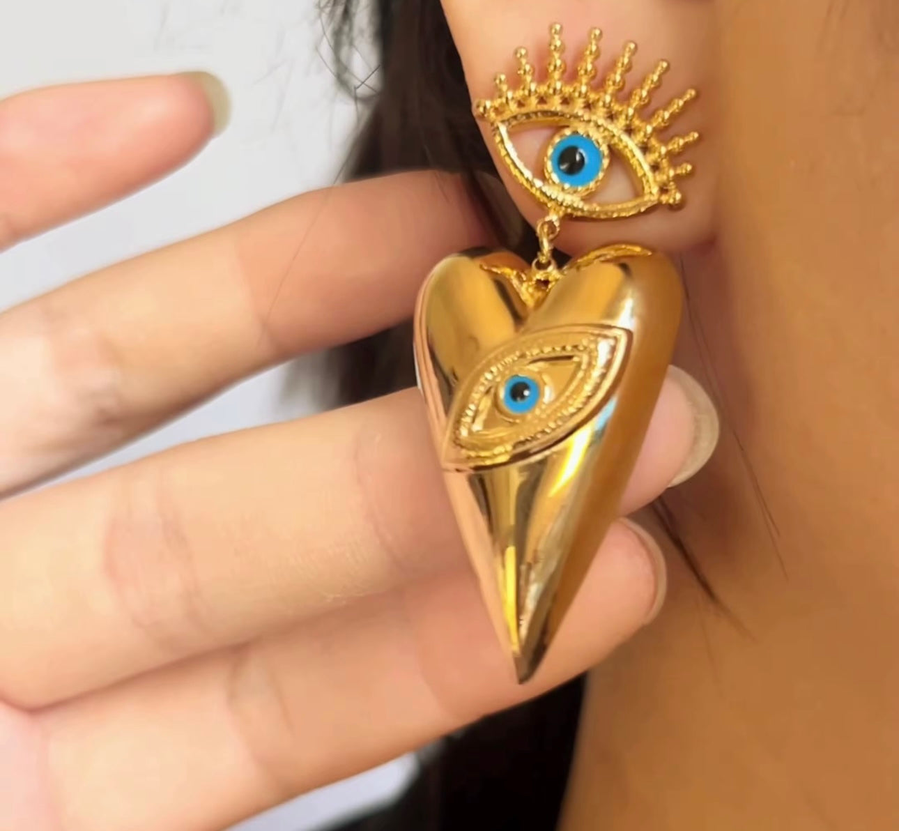 Blue Evil Eye Heart Drop Earrings