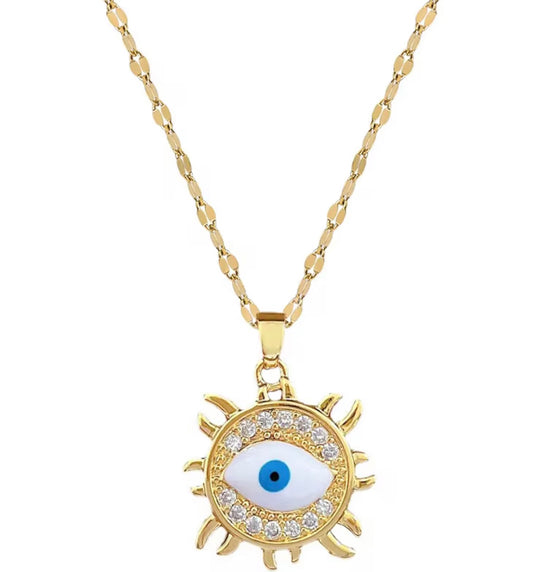 Celestial Sun Blue Evil Eye Pendant Necklace