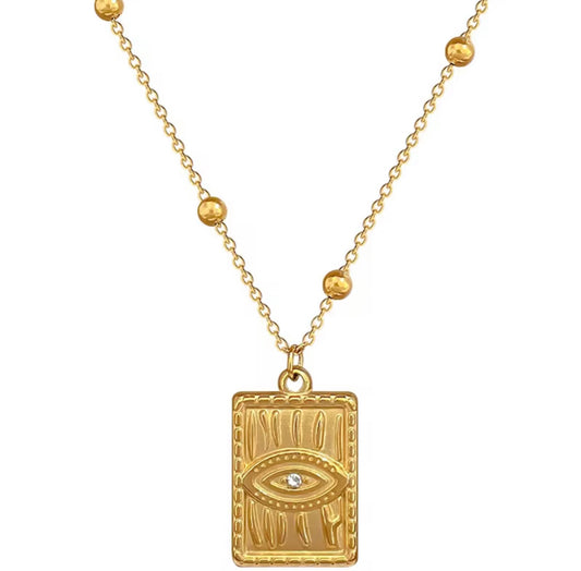 Rectangle Gold Evil Eye Pendant Necklace