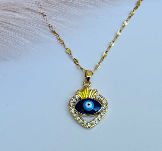 Gold Heart Evil Eye Pendant Necklace