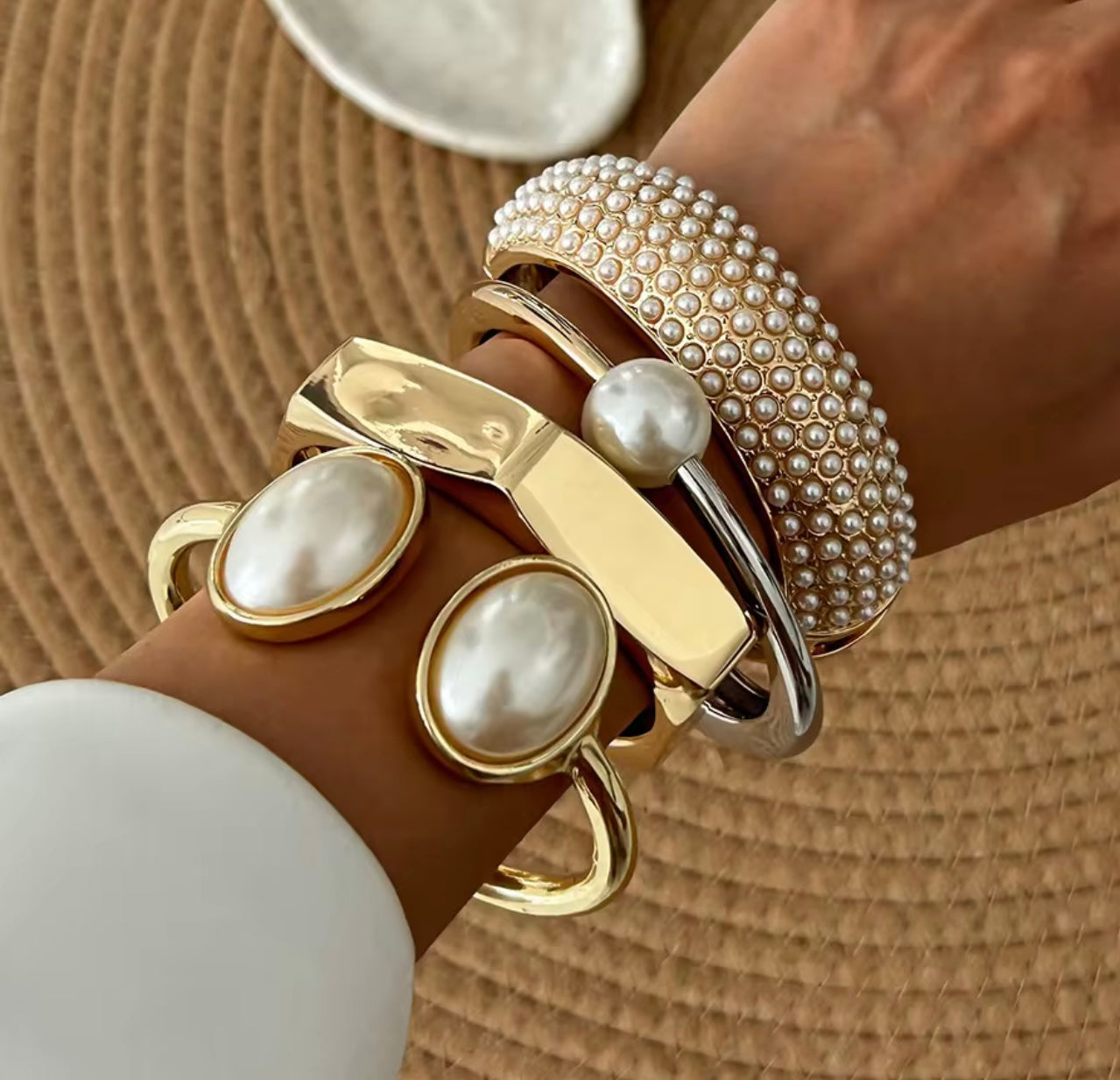 Gold Cuff Pearl Bangle Bracelet
