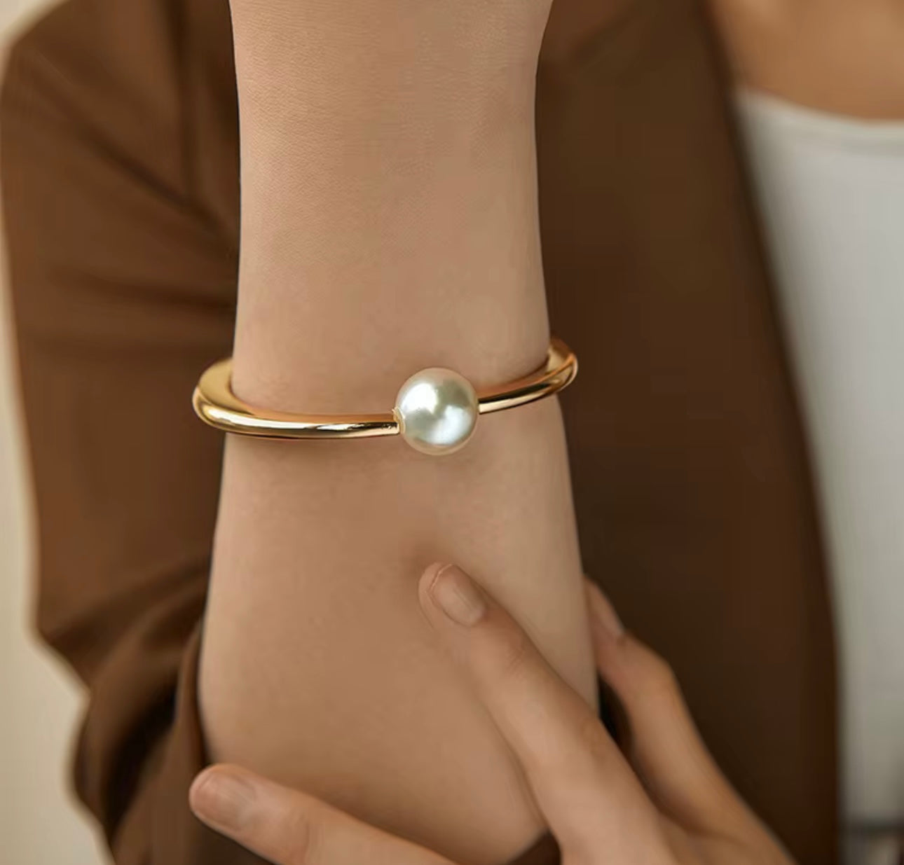 Gold Cuff Pearl Bangle Bracelet