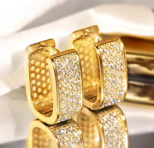 Rectangular Crystal Gold CZ Pave Hinged Hoop Earrings