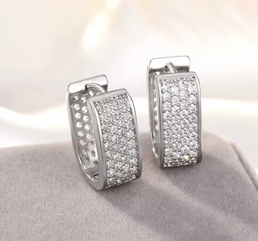 Rectangular Crystal CZ Pave Hinged Hoop Silver Earrings