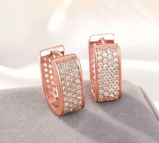Rectangular Crystal Rose-Gold CZ Pave Hinged Hoop Earrings