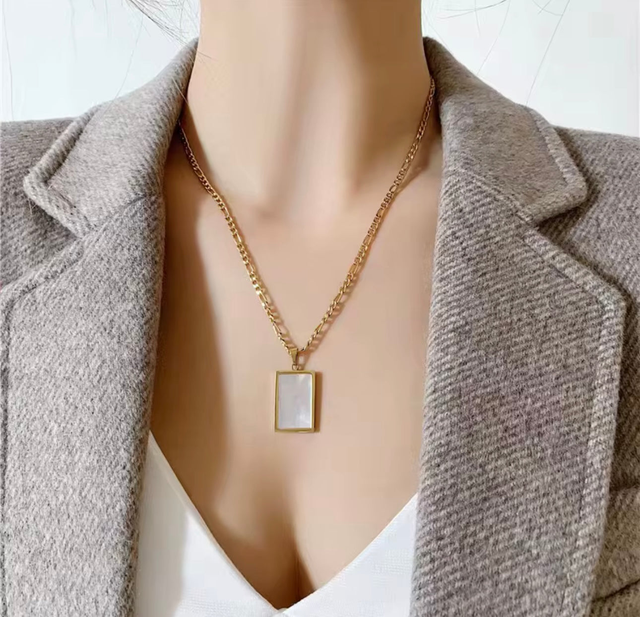 Gold Pearl Shell Rectangular Pendant Necklace