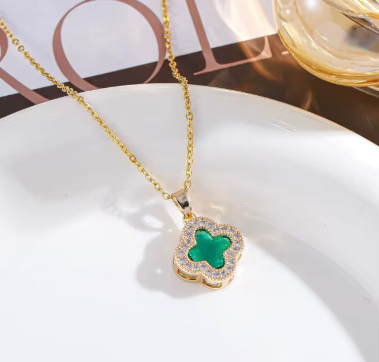 Lucky Star Green Clover Pendant Necklace