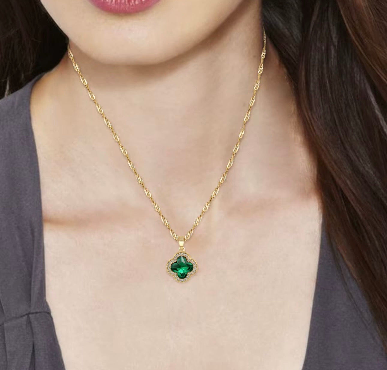 Lucky Star Green Clover Pendant Necklace