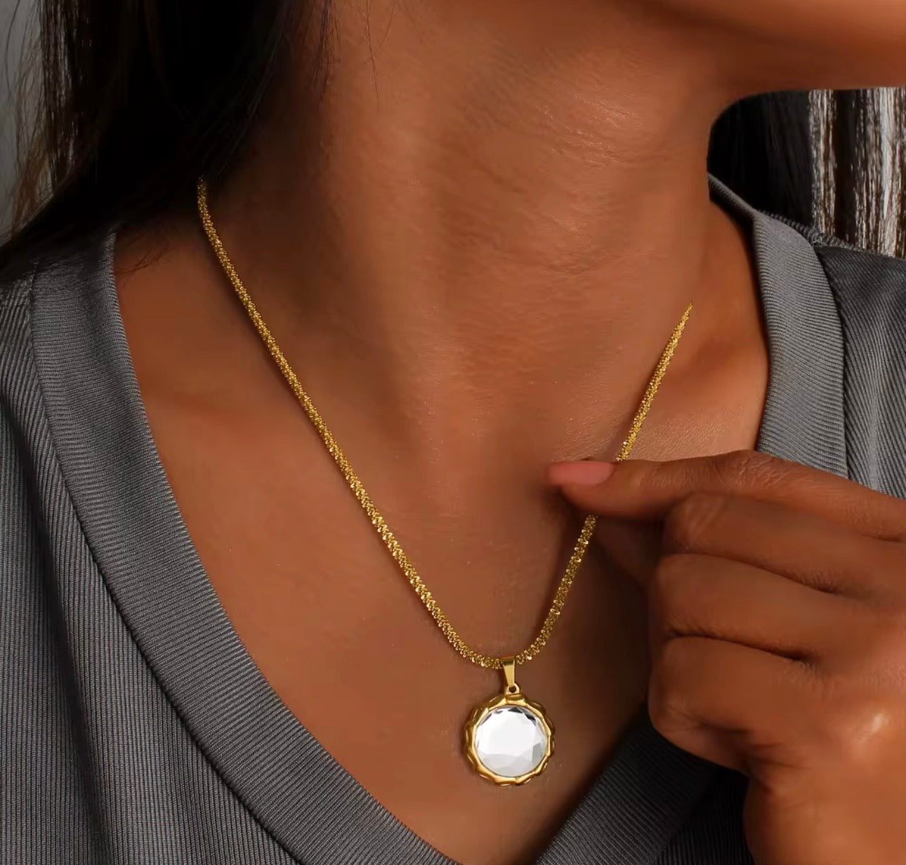Designer Inspired Gold Mirror Pendant Necklace