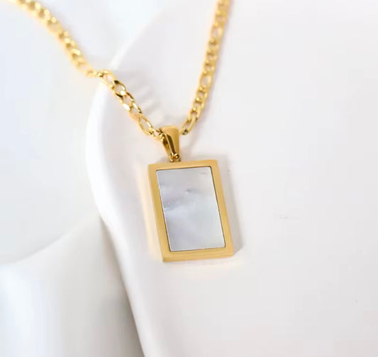 Gold Pearl Shell Rectangular Pendant Necklace